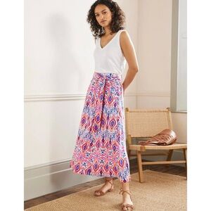 Boden Rosemary 100% Linen Ikat Print Midi Skirt Tie Waist Pockets US 6R